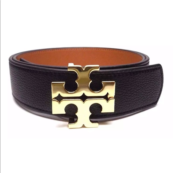 XS-L NEW TORY BURCH 1.5/" BLACK TIGERS EYE BROWN LEATHER REVERSIBLE LOGO BELT